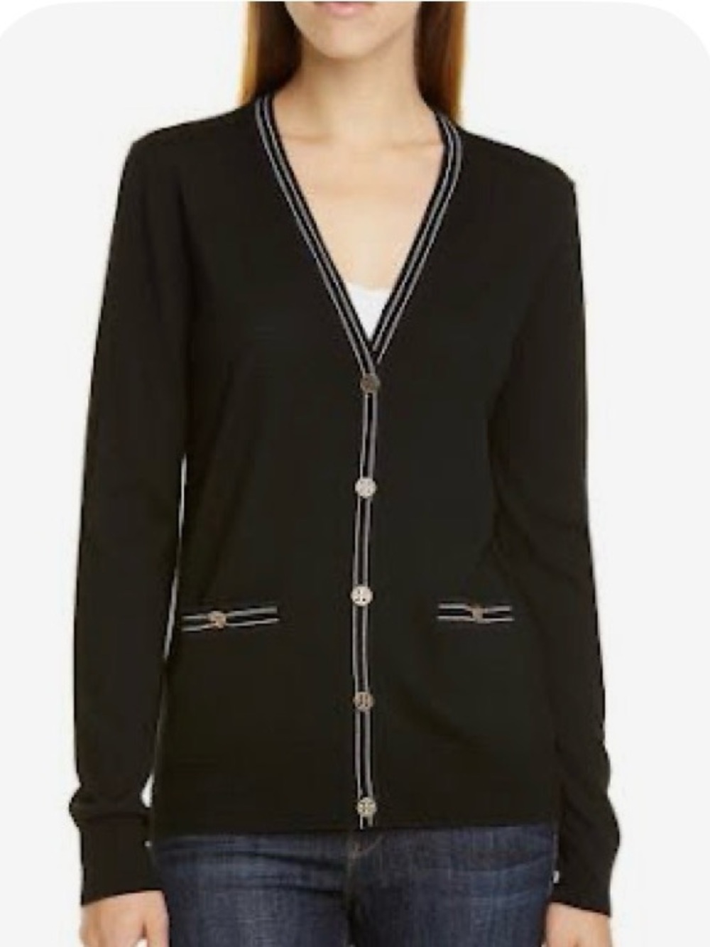 Tory Burch Madeline Black Wool V‑Neck Cardigan with White Trim